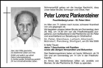 Traueranzeige von Peter Lorenz Plankensteiner von Dolomiten