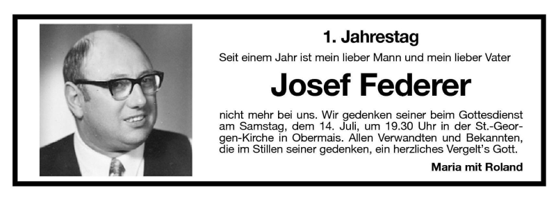  Traueranzeige für Josef Federer vom 13.07.2001 aus Dolomiten