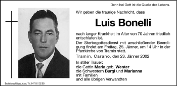 Traueranzeige von Luis Bonelli von Dolomiten