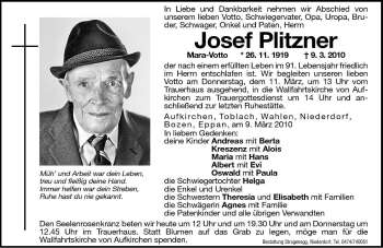Traueranzeige von Josef Plitzner von Dolomiten