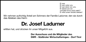 Traueranzeige von Josef Ladurner von Dolomiten