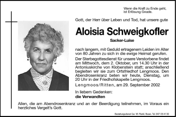 Traueranzeige von Aloisia Schweigkofler von Dolomiten