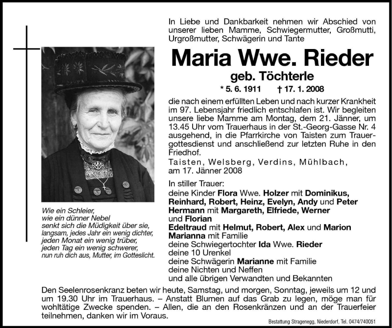  Traueranzeige für Maria Rieder vom 19.01.2008 aus Dolomiten