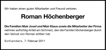 Traueranzeige von Roman Höchenberger von Dolomiten