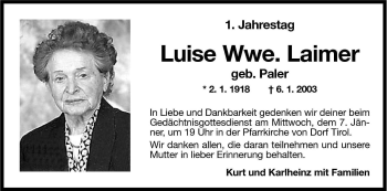 Traueranzeige von Luise Laimer von Dolomiten