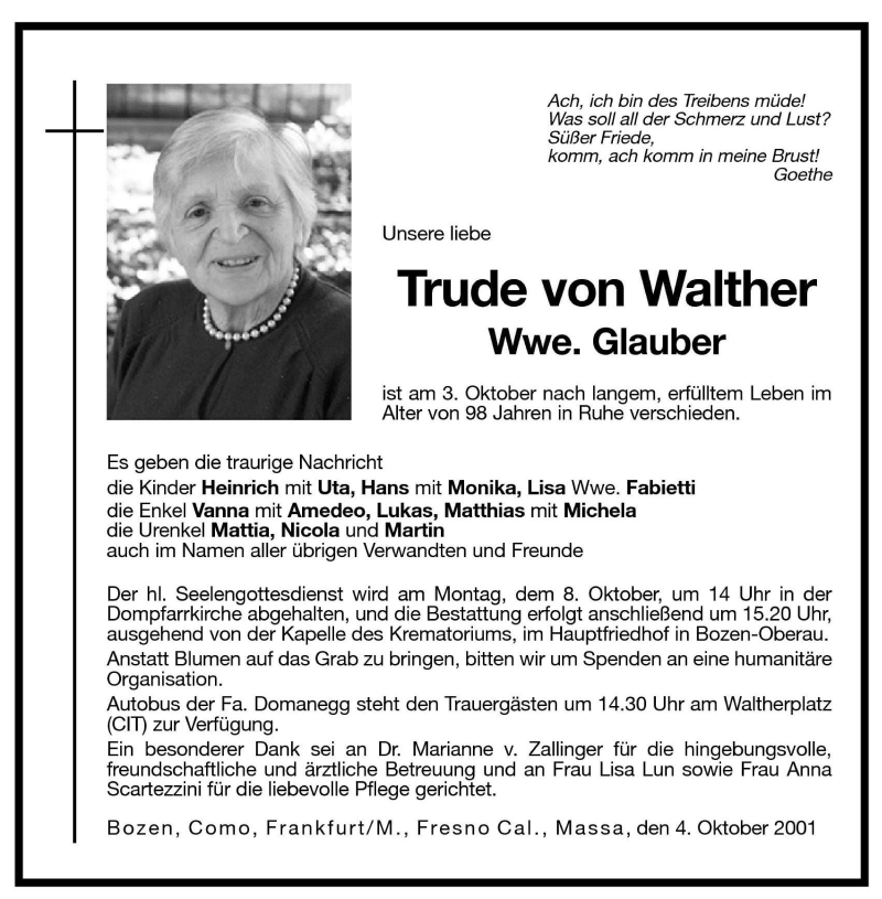  Traueranzeige für Trude Glauber vom 05.10.2001 aus Dolomiten