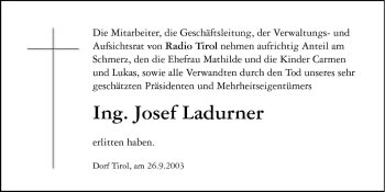Traueranzeige von Josef Ladurner von Dolomiten