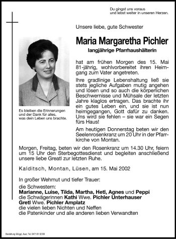 Traueranzeige von Maria Margaretha Pichler von Dolomiten