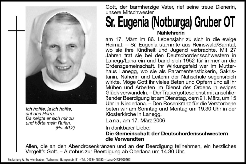  Traueranzeige für Eugenia (Notburga) Gruber vom 18.03.2006 aus Dolomiten