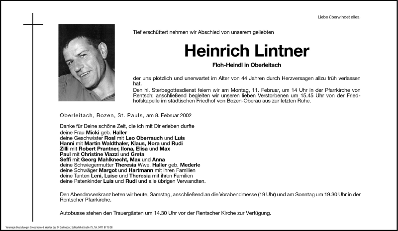  Traueranzeige für Heinrich Lintner vom 09.02.2002 aus Dolomiten