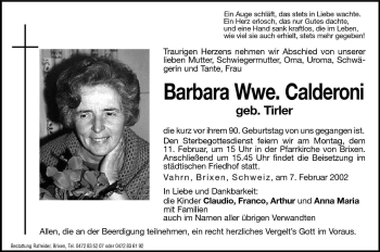 Traueranzeige von Barbara Calderoni von Dolomiten