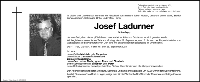  Traueranzeige für Josef Ladurner vom 27.09.2003 aus Dolomiten