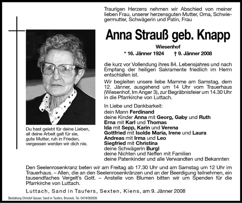  Traueranzeige für Anna Strauß vom 11.01.2008 aus Dolomiten