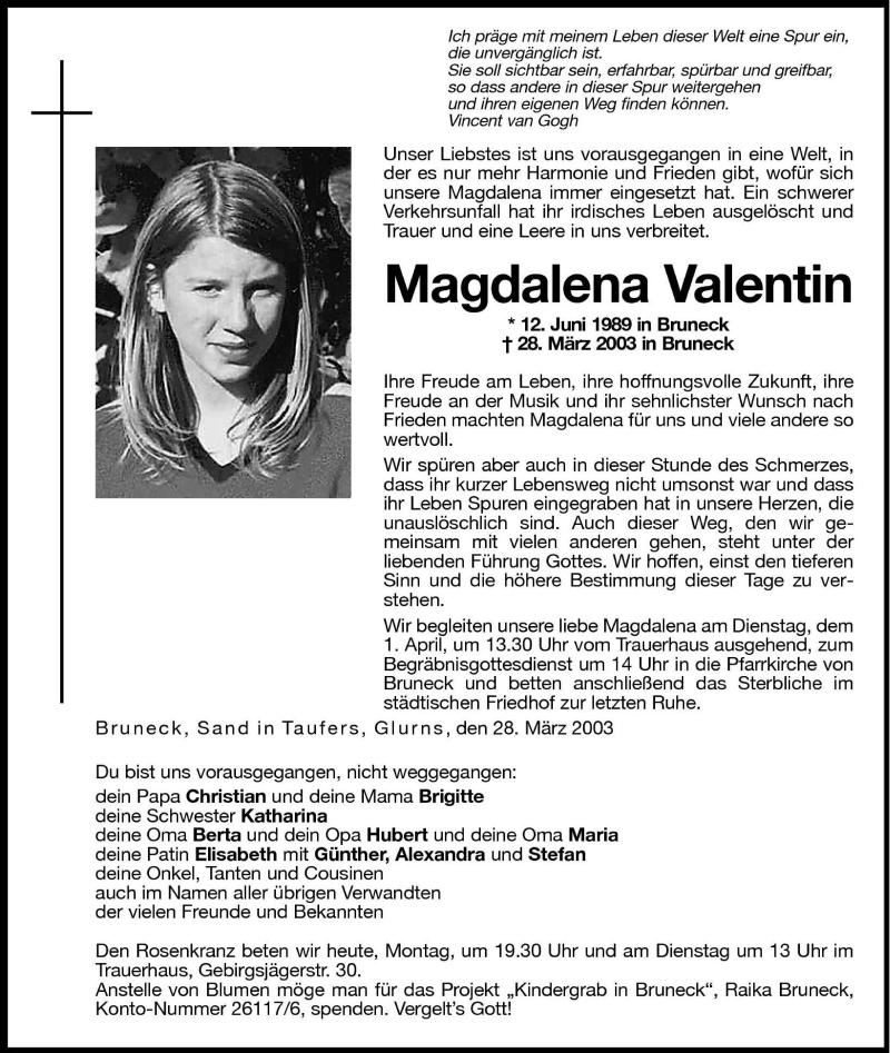  Traueranzeige für Magdalena Valentin vom 31.03.2003 aus Dolomiten