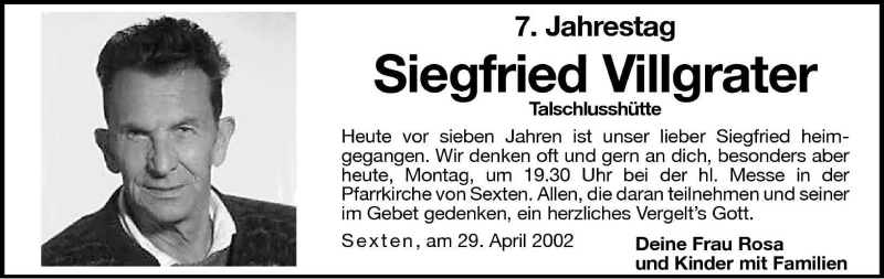  Traueranzeige für Siegfried Villgrater vom 29.04.2002 aus Dolomiten