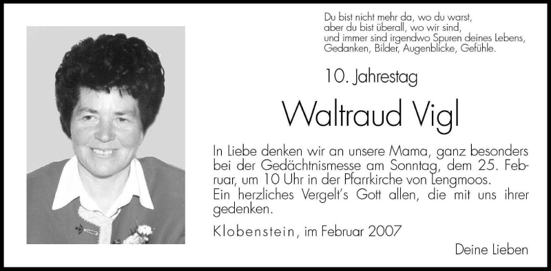  Traueranzeige für Waltraud Vigl vom 23.02.2007 aus Dolomiten
