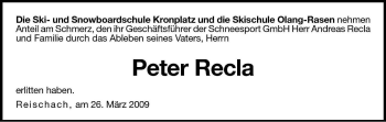 Traueranzeige von Peter Recla von Dolomiten
