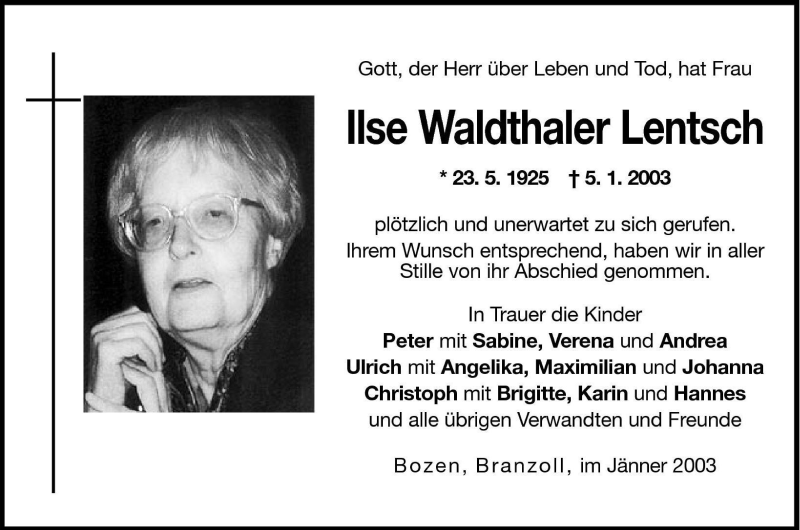  Traueranzeige für Ilse Waldthaler Lentsch vom 29.01.2003 aus Dolomiten