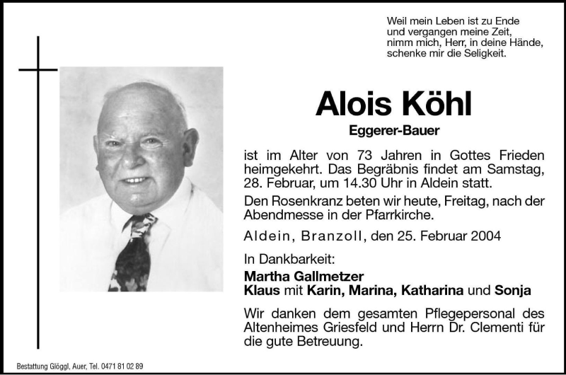  Traueranzeige für Alois Köhl vom 27.02.2004 aus Dolomiten