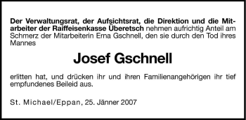 Traueranzeige von Josef Gschnell von Dolomiten