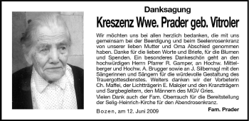 Traueranzeige von Kreszenz Prader von Dolomiten