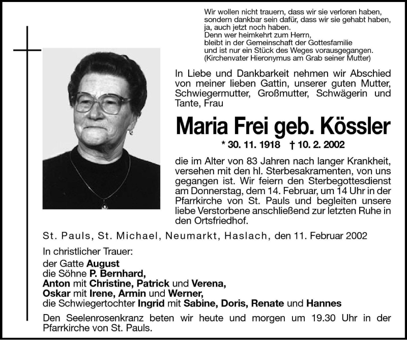  Traueranzeige für Maria Frei vom 12.02.2002 aus Dolomiten
