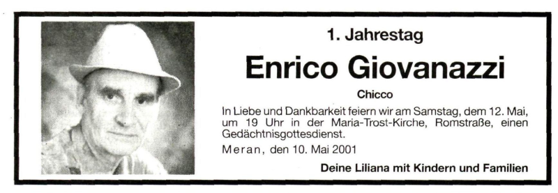 Traueranzeige für Enrico Giovanazzi vom 10.05.2001 aus Dolomiten