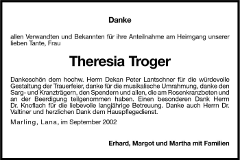 Traueranzeige von Theresia Troger von Dolomiten