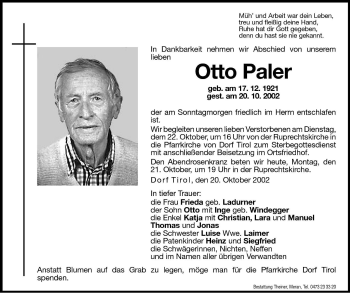Traueranzeige von Otto Paler von Dolomiten