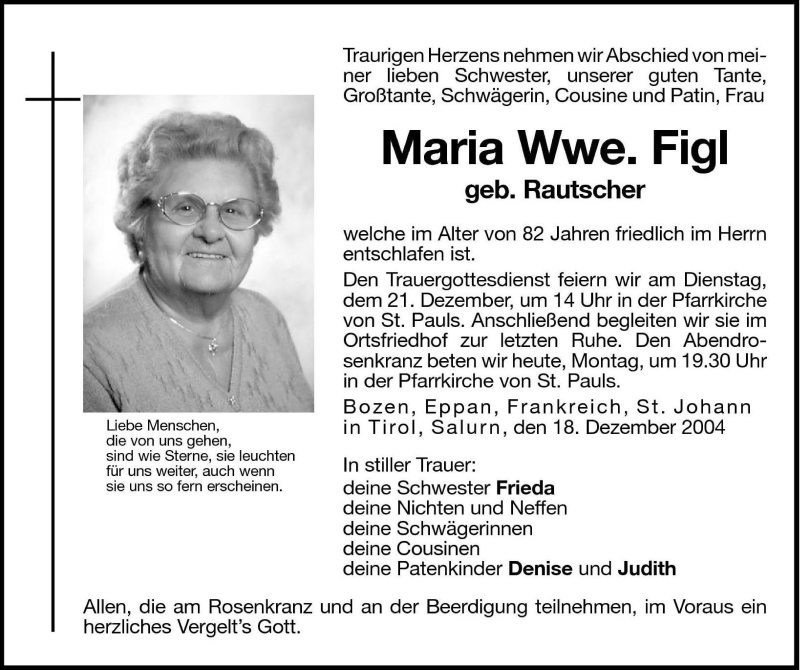  Traueranzeige für Maria Figl vom 20.12.2004 aus Dolomiten