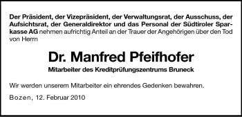 Traueranzeige von Manfred Pfeifhofer von Dolomiten