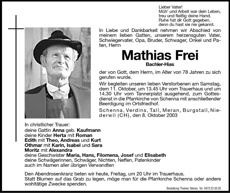 Traueranzeige für Mathias Frei vom 10.10.2003 aus Dolomiten