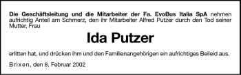 Traueranzeige von Ida Putzer von Dolomiten