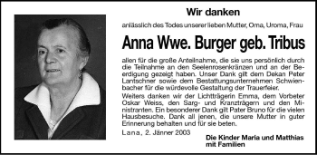 Traueranzeige von Anna Burger von Dolomiten