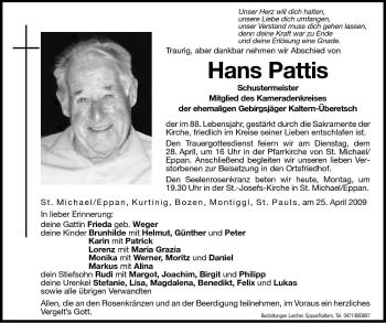 Traueranzeige von Hans Pattis von Dolomiten
