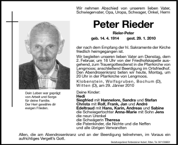 Traueranzeige von Peter Rieder von Dolomiten