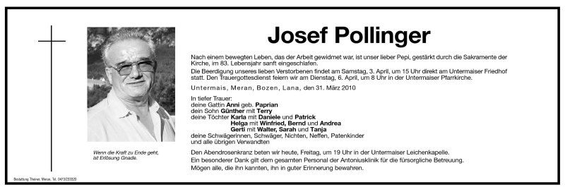  Traueranzeige für Josef Pollinger vom 02.04.2010 aus Dolomiten