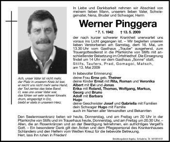 Traueranzeige von Werner Pinggera von Dolomiten
