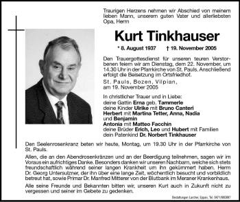 Traueranzeige von Kurt Tinkhauser von Dolomiten