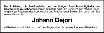 Traueranzeige von Johann Dejori von Dolomiten