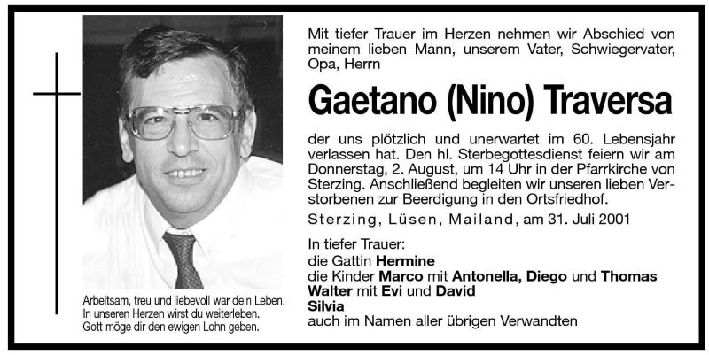  Traueranzeige für Gaetano Traversa vom 01.08.2001 aus Dolomiten