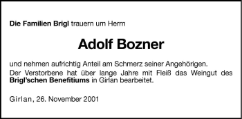 Traueranzeige von Adolf Bozner von Dolomiten