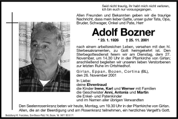 Traueranzeige von Adolf Bozner von Dolomiten