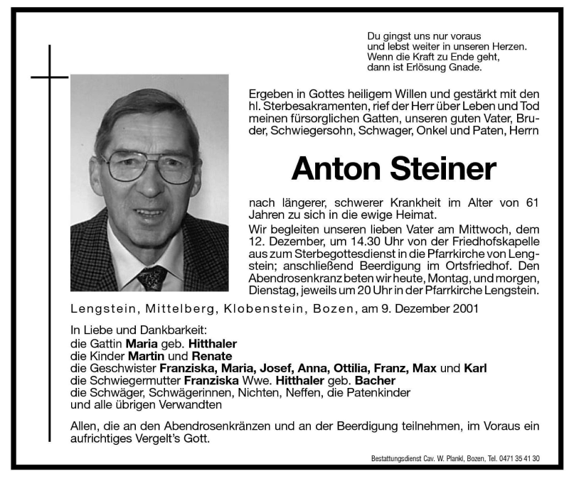  Traueranzeige für Anton Steiner vom 10.12.2001 aus Dolomiten