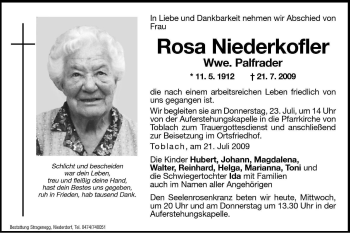 Traueranzeige von Rosa Palfrader von Dolomiten