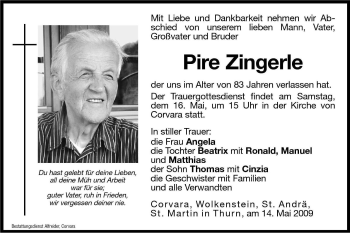 Traueranzeige von Pire Zingerle von Dolomiten