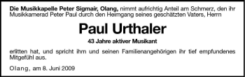Traueranzeige von Paul Urthaler von Dolomiten