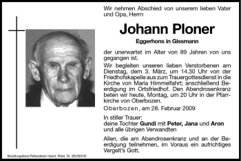 Traueranzeige von Johann Ploner von Dolomiten