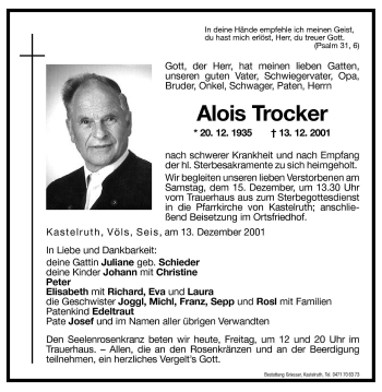 Traueranzeige von Alois Trocker von Dolomiten