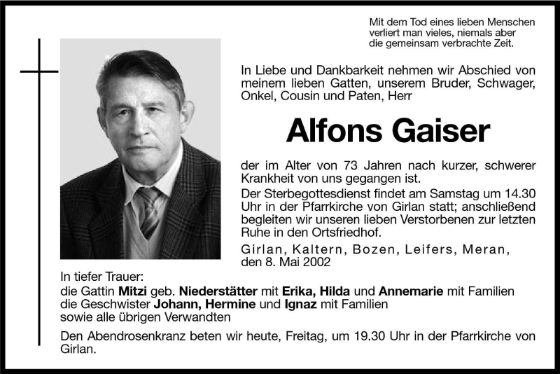  Traueranzeige für Alfons Gaiser vom 10.05.2002 aus Dolomiten